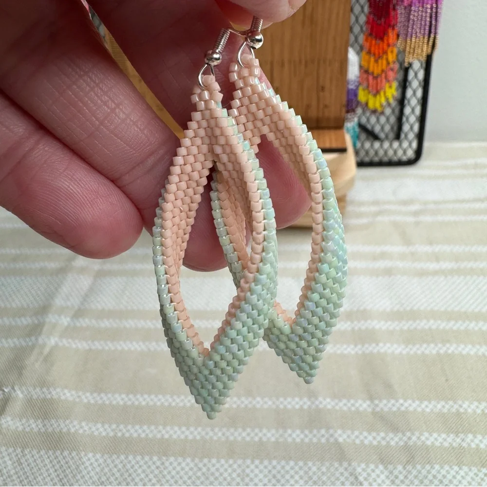 Pink and Mint Folded Leaf, Petal Seed Bead Earrings Handmade Elegant‎ Jewelry